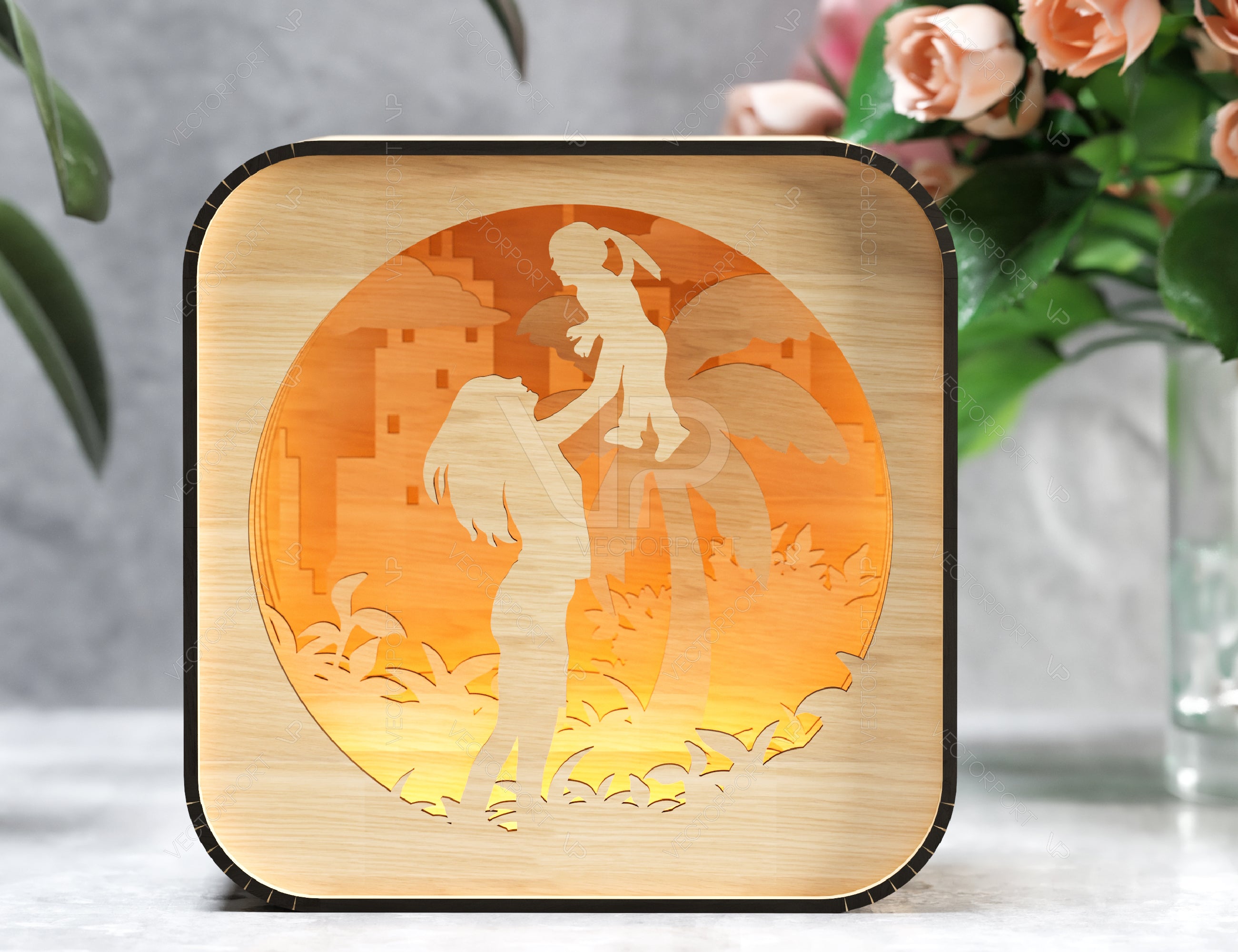 Mother’s Day Gift Wooden Led Night Lamp Mom & Daughter Scene Multilayer Shadowbox Laser Cut Lampshade Table Lamp Digital Download |#199|