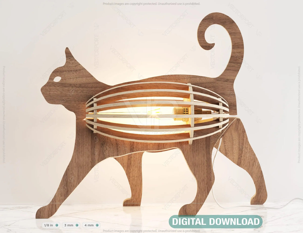 Decorative Cat Shaped Table Wooden Lamp Laser Cut Desk Lamp Vector plans Digital Download SVG DXF |#U200|