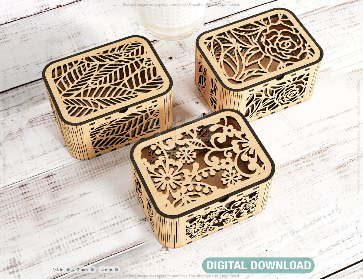 Decorative Wooden box with Flowers & Leaves Pattern laser cut file Jeweler case Wedding Birthday box Mother’s Day Gift Box Digital Download |#201|