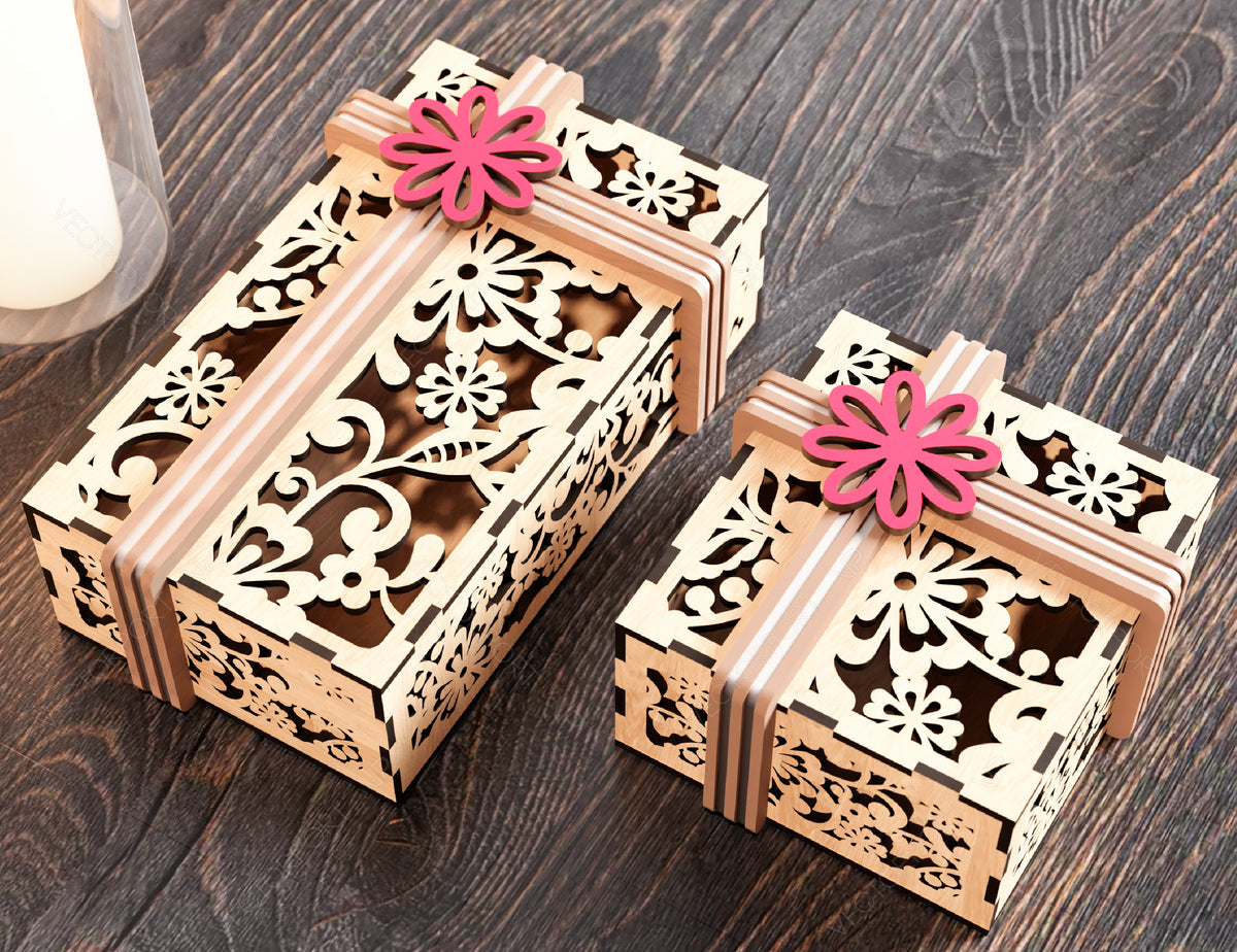 Gift Box Laser Cut with Ribbon Decorative Flowers pattern opener jeweler case Wedding Love vector Digital Download |#202|