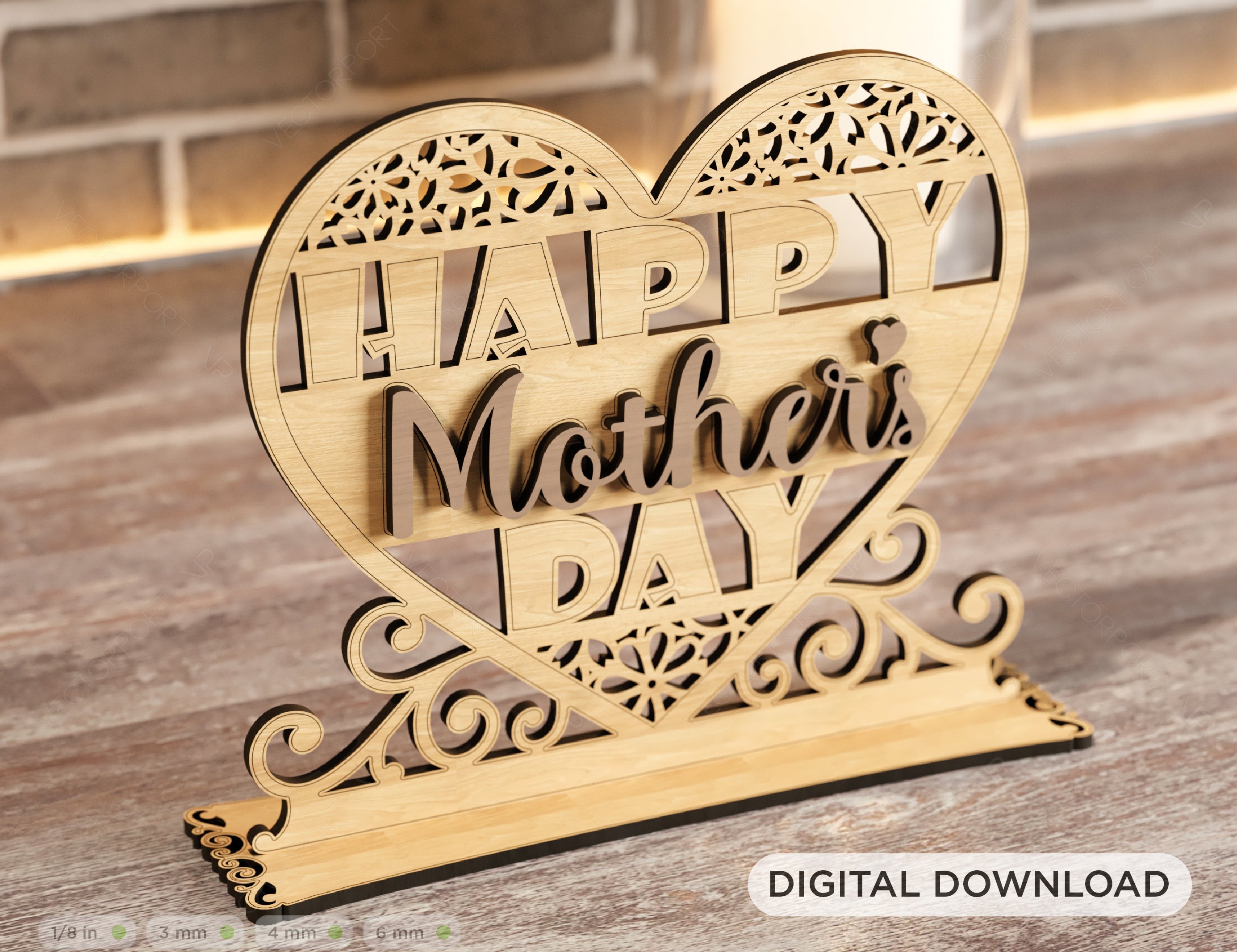 Standing Heart Shape Happy Mother’s Day Gift for Mom, Mother’s day gift laser cut SVG plan, Diy gift Digital Download |#U208|