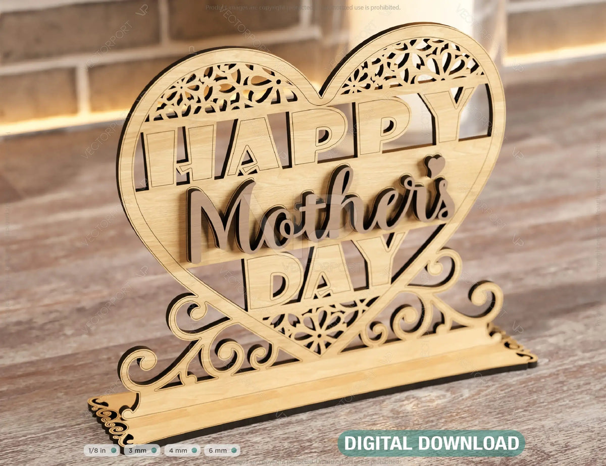 Standing Heart Shape Happy Mother’s Day Gift for Mom, Mother’s day gift laser cut SVG plan, Diy gift Digital Download |#U208|