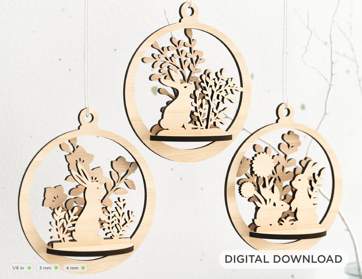 Bauble Wood 3D Laser Cut Easter Ornament Round Design set Hanging Bunny Decorations SVG Digital Download |#U211|