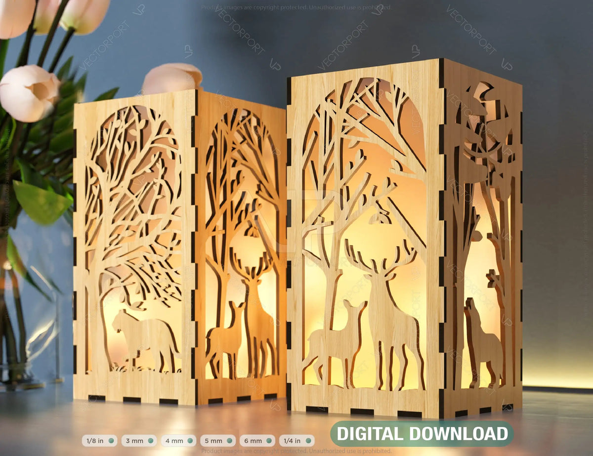 Tea light Winter Snowy Forest with Deer Lantern Candle Holder Laser Cut plywood Votive Gift  Wooden Lantern Digital Download SVG |#215|