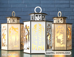 Deer Lantern Tea light Winter Snowy Forest with Deer Lantern Candle Holder Laser Cut plywood Votive Gift  Wooden Lantern Digital Download SVG |#217|