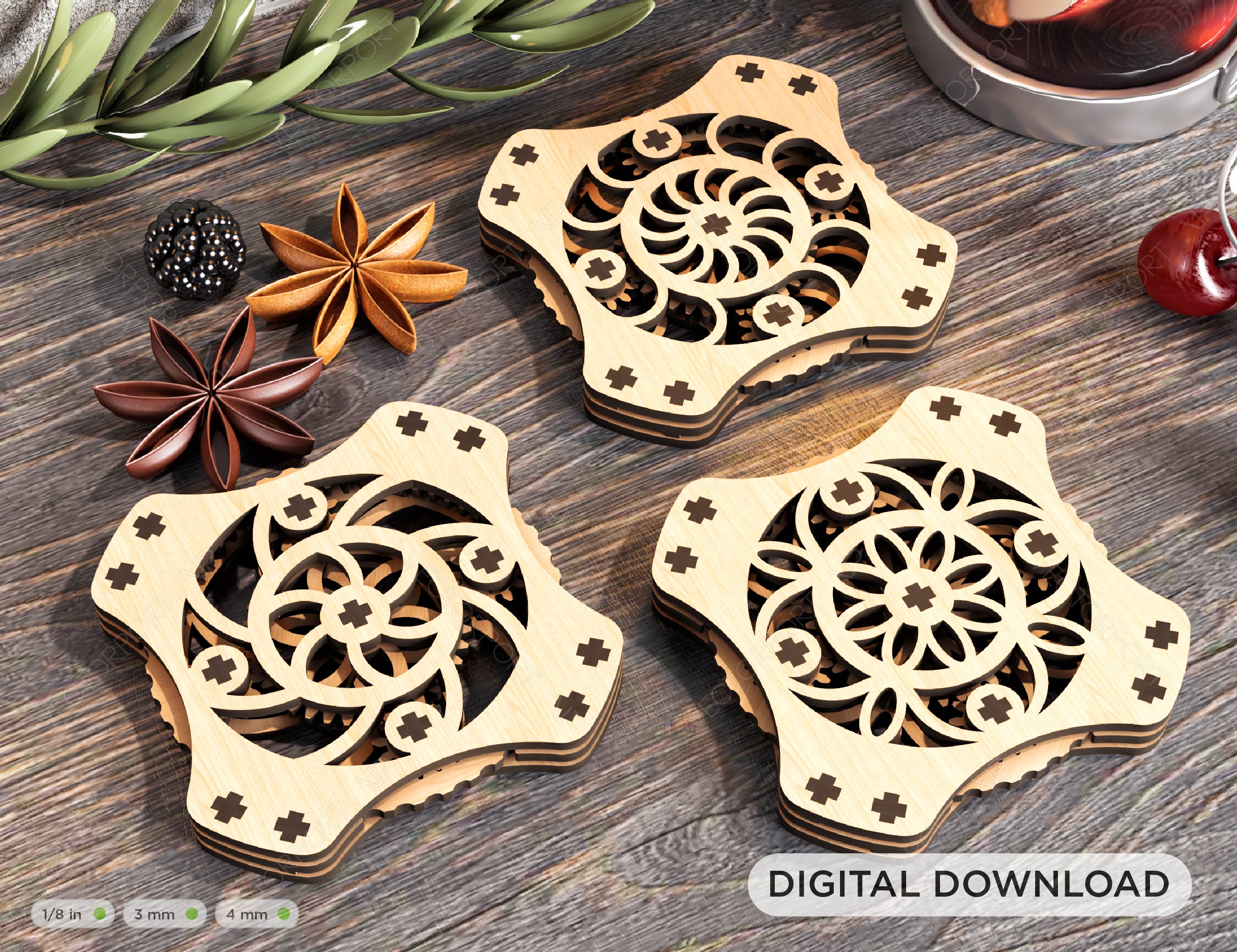 Mechanical Gear Laser Cut Coaster Tea Coffee Cup Mat Pad Placemat Tableware Digital Download |#U228|