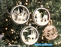 Christmas Balls Tree Decorations Craft Hanging Bauble Snowy Scene Deer carving stencil laser cut Digital Download |#230|