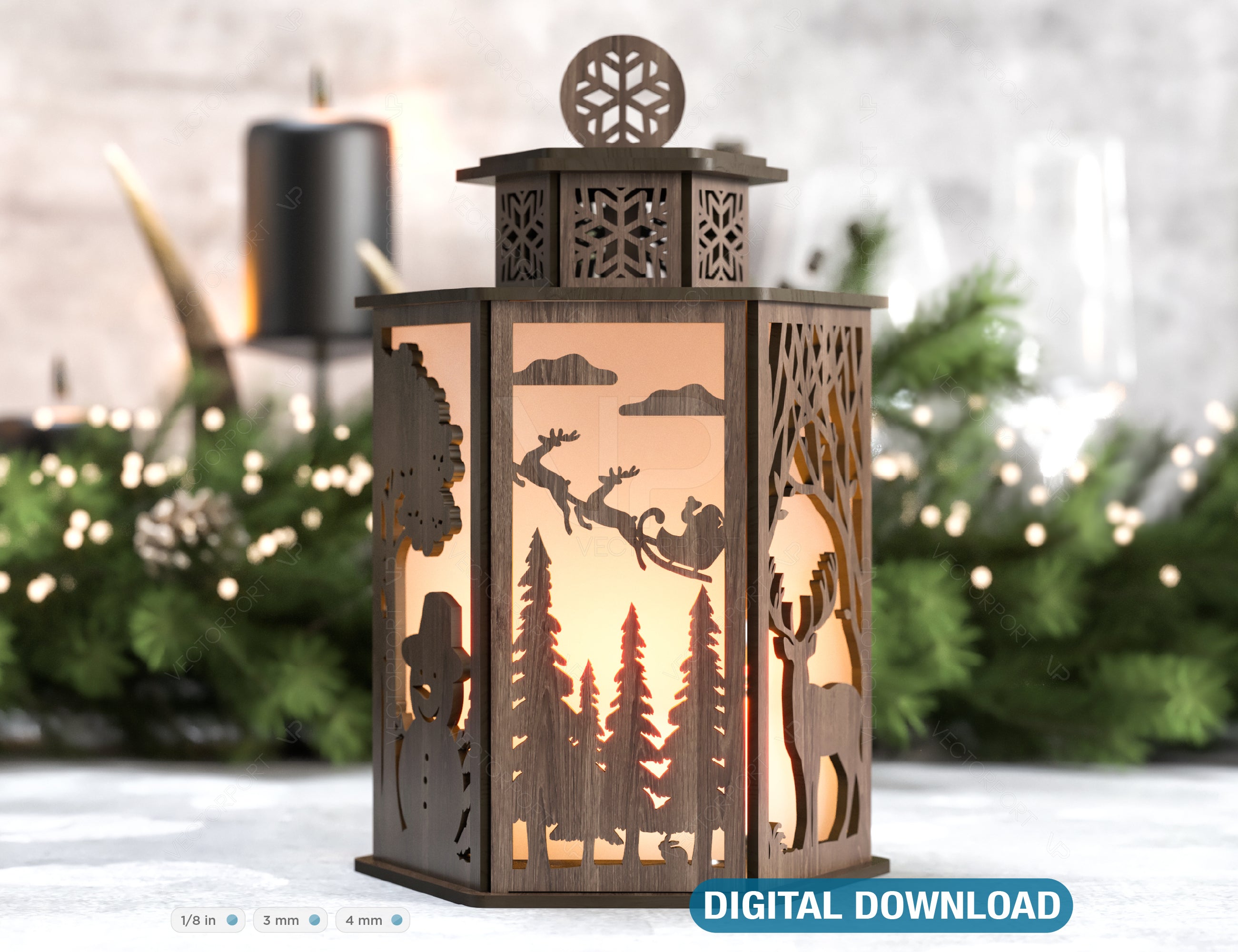 Christmas Lamp Night Light Deer Lantern Decoration Candle Holder Tea light Winter Snowy Forest Lantern Digital Download SVG |#231|