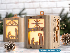 Nativity Scene Candle Holder Christmas Eve with baby Jesus, Traditional Lantern Tea Curved Corner Digital Download SVG |#236|