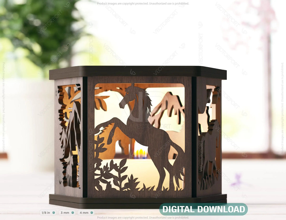 Horse Forest Lantern: Laser Cut Tealight Candle Holder Night Light Forest Scene Lantern Digital Download |#240|