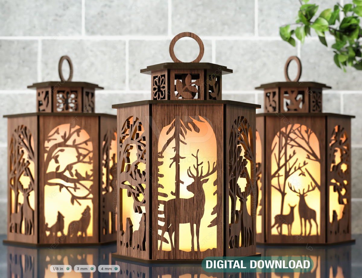 Deer Lantern Tea light Winter Snowy Forest with Deer Lantern Candle Holder Laser Cut plywood Votive Gift  Wooden Lantern Digital Download SVG |#U241|