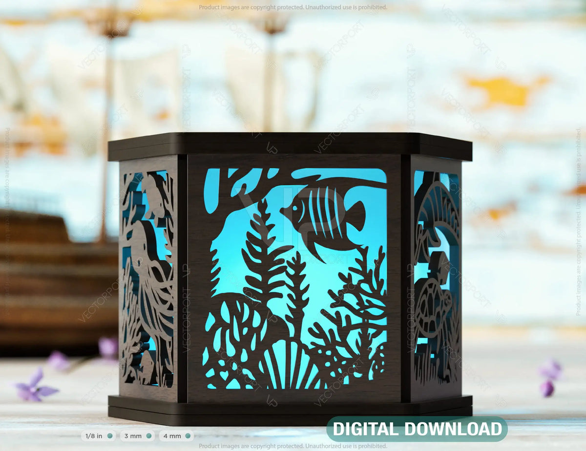 Ocean Serenity: 3D Underwater Laser Cut Lantern with Dolphins, Sea Turtles, and Coral Tealight Candle Holder Night Light Digital Download |#241|