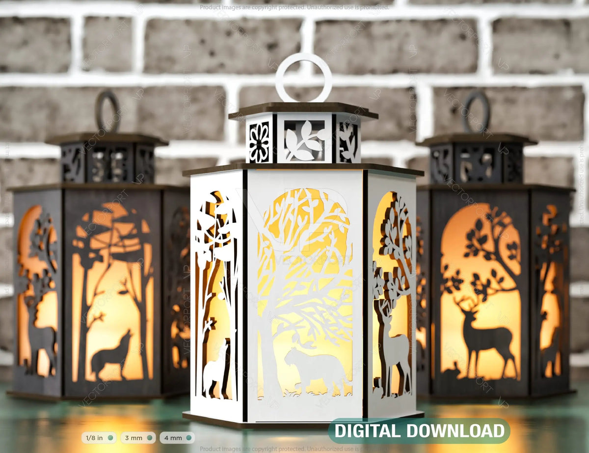 Deer Lantern Tea light Winter Snowy Forest with Deer Lantern Candle Holder Laser Cut plywood Votive Gift  Wooden Lantern Digital Download SVG |#U242|
