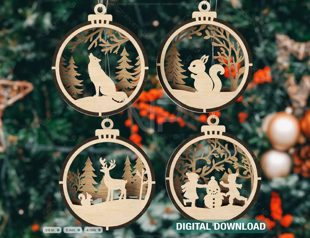 Christmas Theme 3D Christmas Ornament Set Tree Decorations Craft Hanging Bauble Snowy Scene New Year Holiday Laser Cut Digital Download |#242|