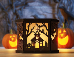 Spooky Scene Halloween Lantern Tealight Holder Haunted House Ghosts Bats Lamp Digital Download |#243|