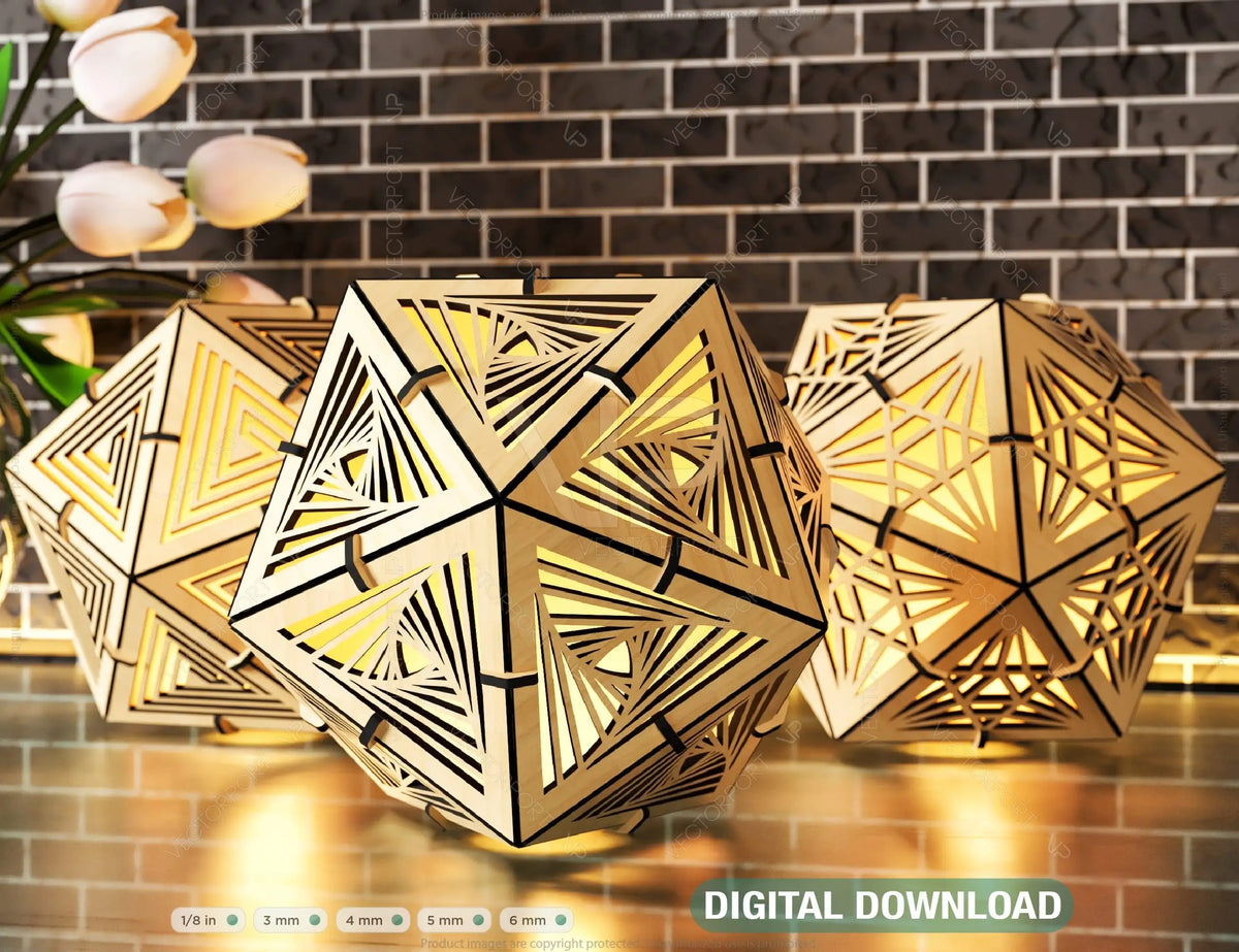 Icosahedron 3 Different Pattern wood triangle shadow lamp Tea Lantern Candle Holder Digital Download SVG |#U245|