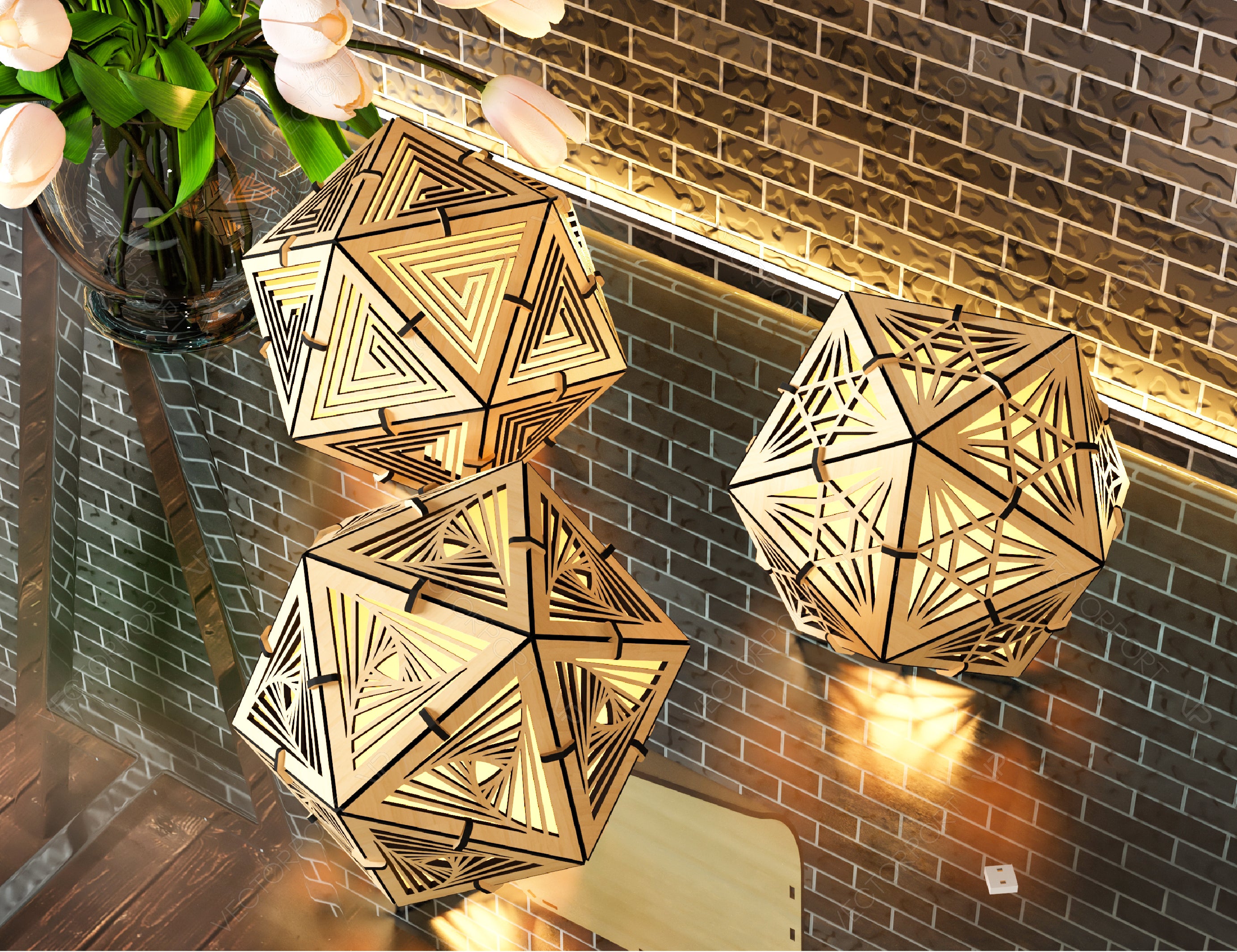 Icosahedron 3 Different Pattern wood triangle shadow lamp Tea Lantern Candle Holder Digital Download SVG |#U245|