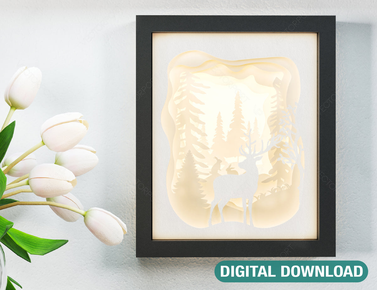 Paper cut Light Box, 3D Deer Forest Theme Shadow Box SVG template, Multi-layer shadow Box Diy Light box template with frame Digital Download SVG |#U246|