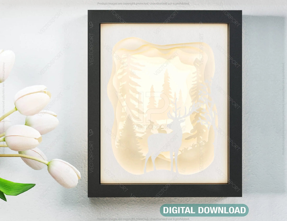 Paper cut Light Box, 3D Deer Forest Theme Shadow Box SVG template, Multi-layer shadow Box Diy Light box Digital Download SVG |#U246|