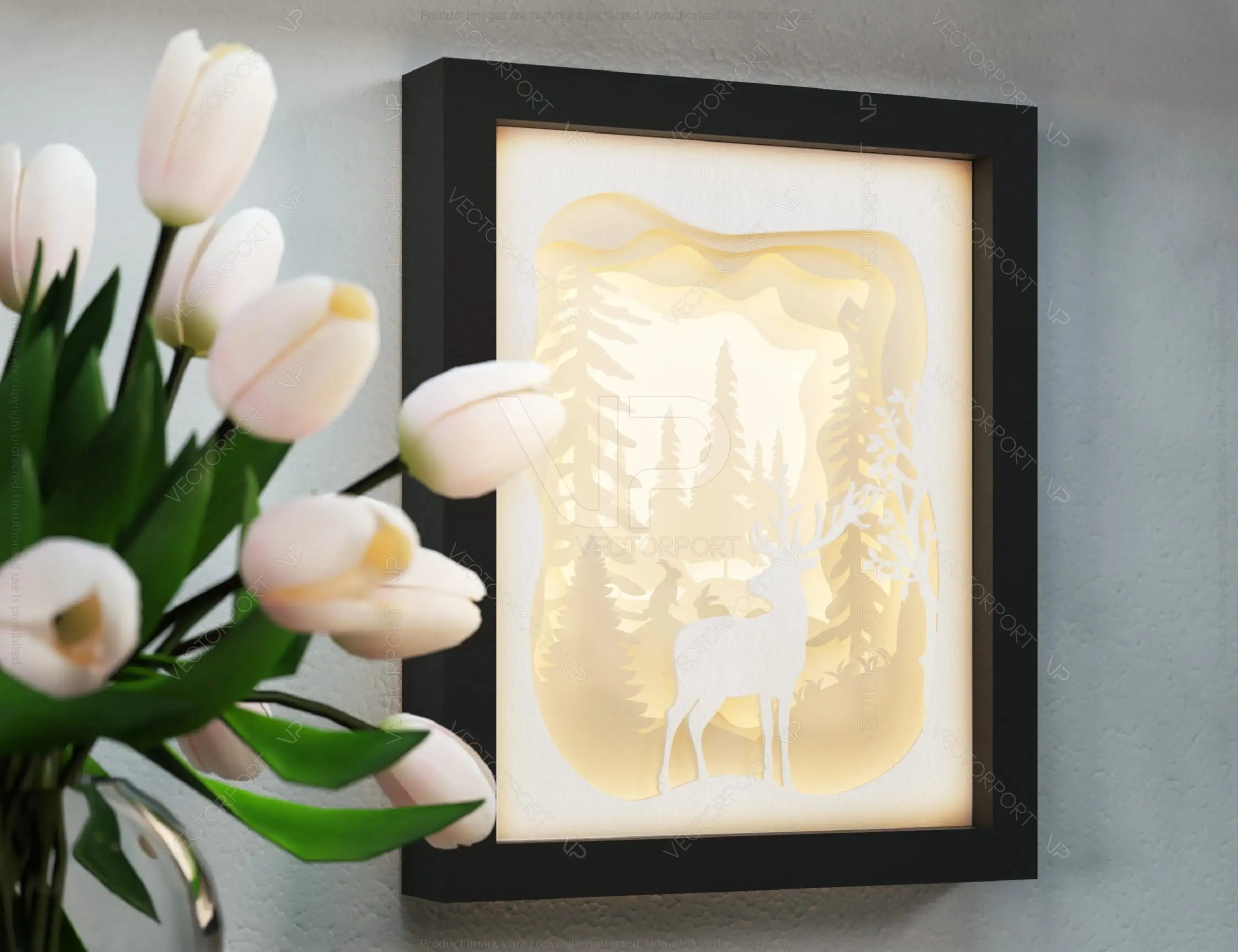 Paper cut Light Box, 3D Deer Forest Theme Shadow Box SVG template, Multi-layer shadow Box Diy Light box Digital Download SVG |#U246|