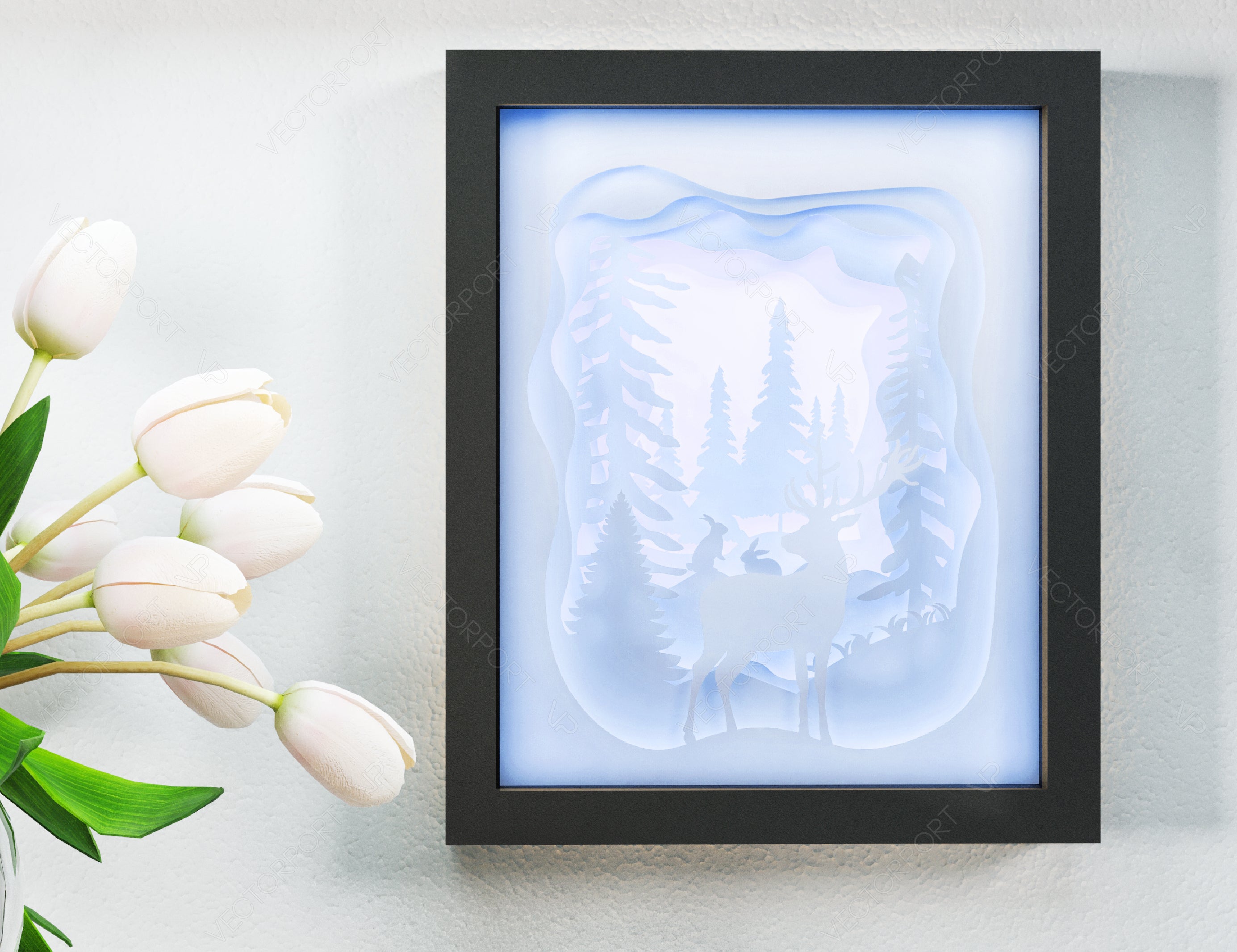 Paper cut Light Box, 3D Deer Forest Theme Shadow Box SVG template, Multi-layer shadow Box Diy Light box template with frame Digital Download SVG |#U246|