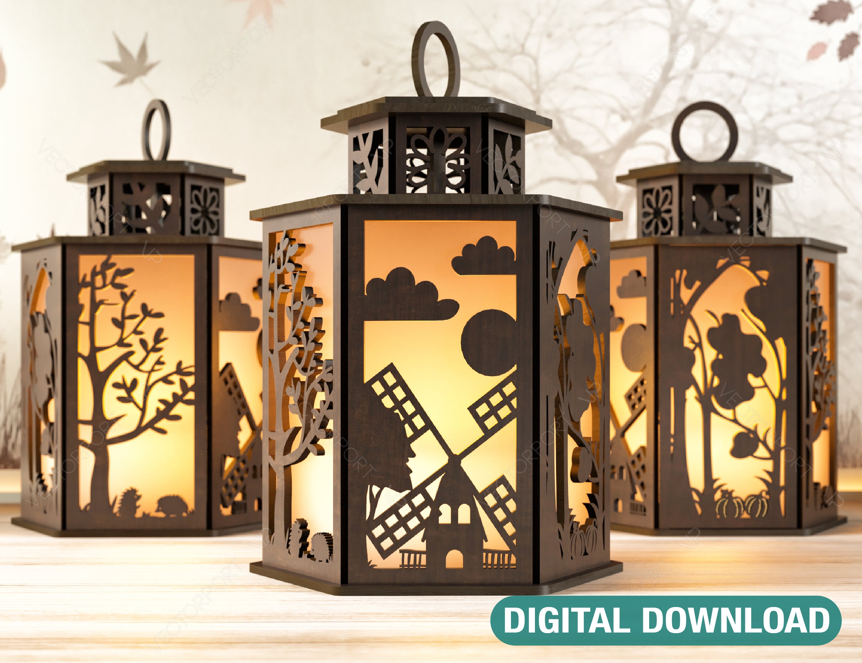 Autumn Forest Scene Lantern Tea light Halloween Theme Forest with Pumpkin Candle Holder Laser Cut Wooden Lamp Digital Download SVG |#U252|
