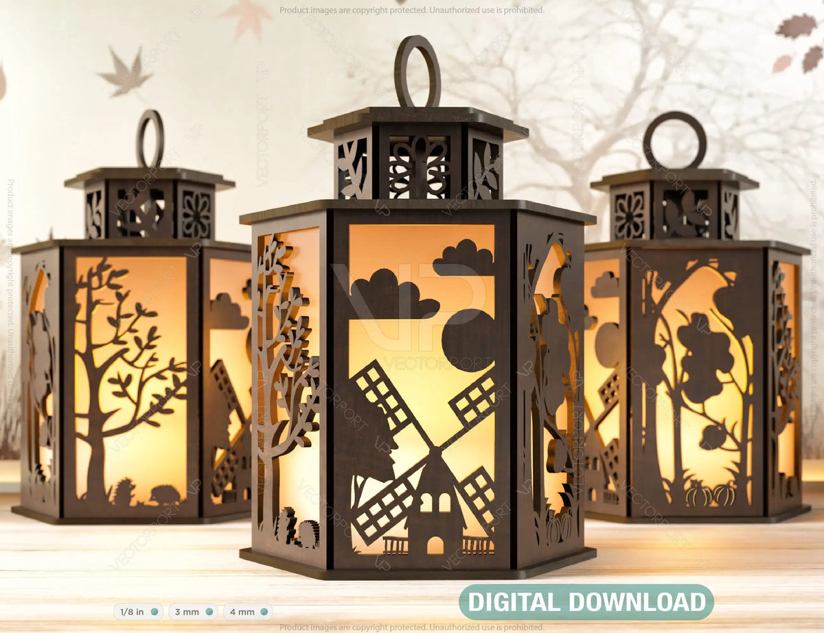 Autumn Forest Scene Lantern Tea light Halloween Theme Forest with Pumpkin Candle Holder Laser Cut Wooden Lamp Digital Download SVG |#U252|