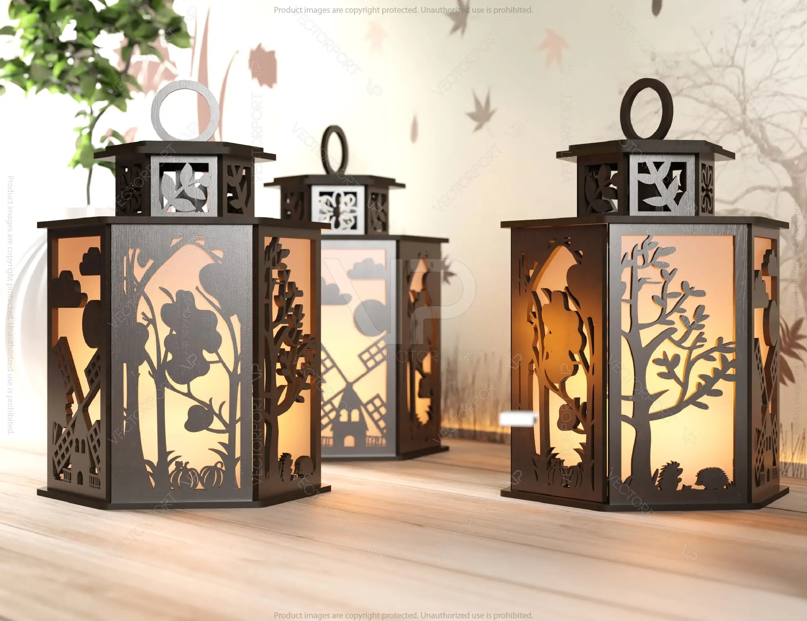 Autumn Forest Scene Lantern Tea light Halloween Theme Forest with Pumpkin Candle Holder Laser Cut Wooden Lamp Digital Download SVG |#U252|