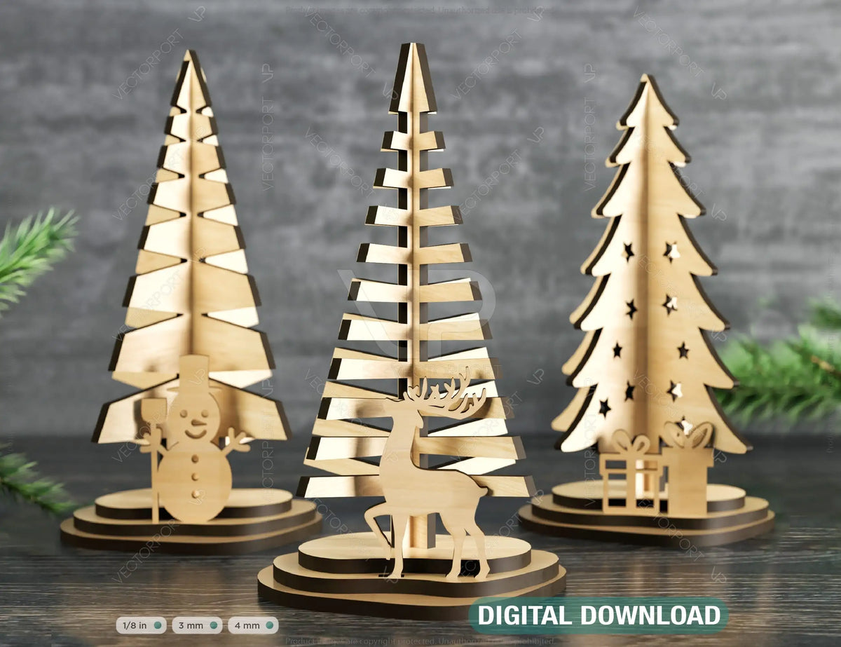 Standing Christmas Trees with Deer Gifts and Snowman Laser cut files Digital Download | SVG |#U254|