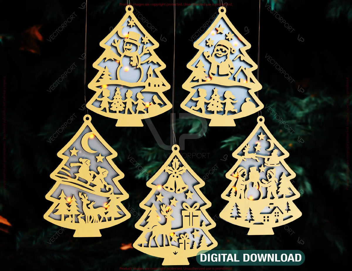 Christmas Tree Shape Ornament New Year Decoration | Laser Cut Snowy Scene Holiday Hanging Baubles | Digital Download |#255|