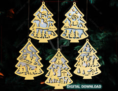 Christmas Tree Shape Ornament New Year Decoration | Laser Cut Snowy Scene Holiday Hanging Baubles | Digital Download |#255|