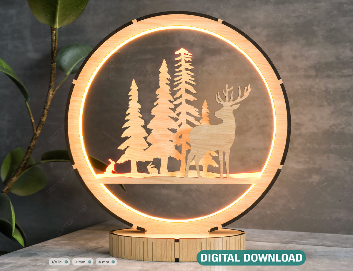 Snowy Scene Deer 3D Led Light Laser Cut Night Lamp Round Modern Bedside Table Lamp Digital Download |#U256|