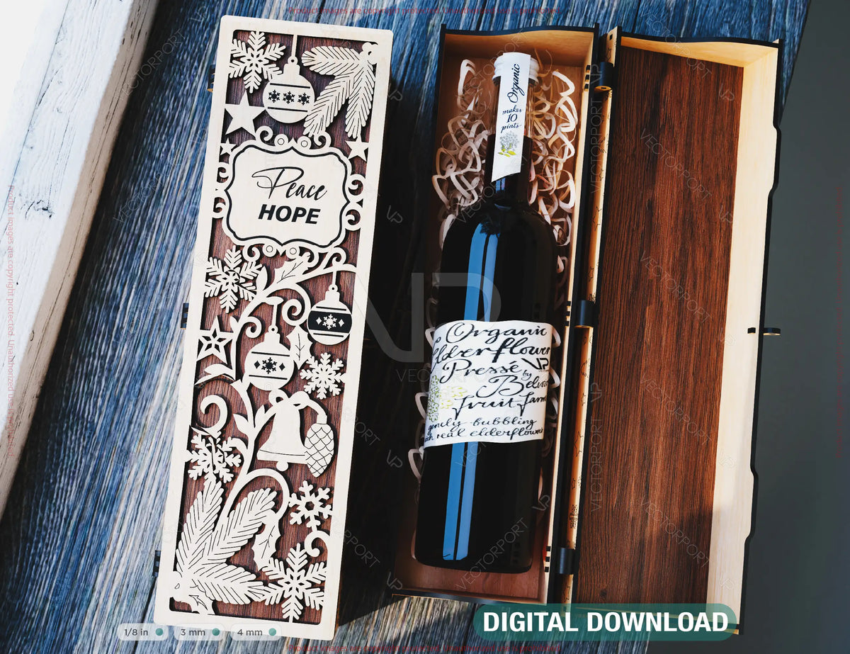 Wine Box SVG – Custom Laser Cut Christmas Bottle Holder Customizable Engraved Digital Download |#256|