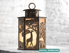Safari Forest Scene Lantern Tea light Giraffe Leon Elephant Theme Candle Holder Laser Cut Wooden Lamp Digital Download SVG |#U257|