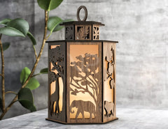 Safari Forest Scene Lantern Tea light Giraffe Leon Elephant Theme Candle Holder Laser Cut Wooden Lamp Digital Download SVG |#U257|