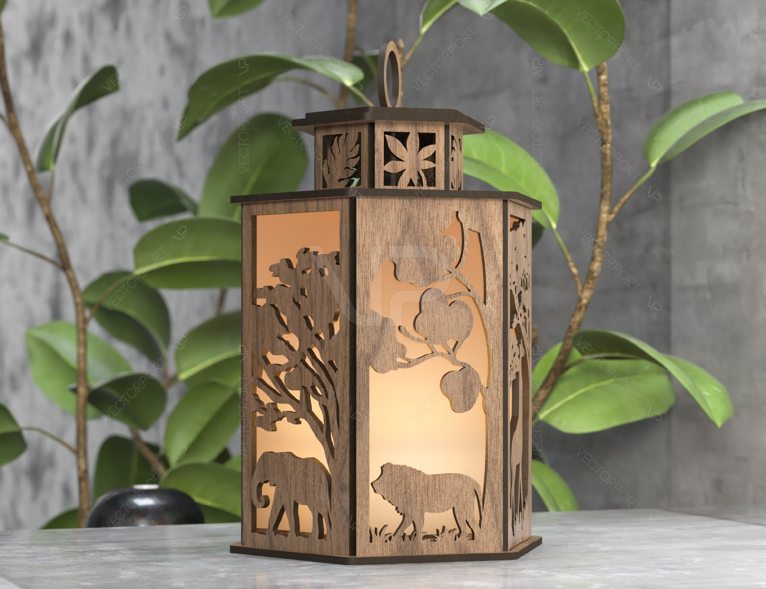 Safari Forest Scene Lantern Tea light Giraffe Leon Elephant Theme Candle Holder Laser Cut Wooden Lamp Digital Download SVG |#U257|