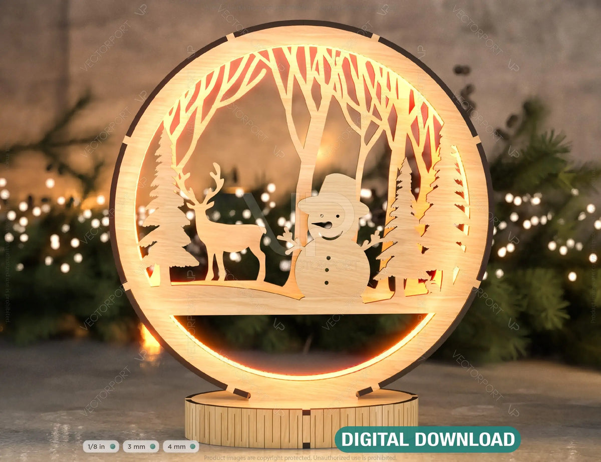 Christmas Snowy Scene Snowman and Deer 3D Led Light Laser Cut Night Lamp Round Modern Bedside Table Lamp Digital Download |#U262|