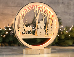 Christmas Snowy Scene Snowman and Deer 3D Led Light Laser Cut Night Lamp Round Modern Bedside Table Lamp Digital Download |#U262|