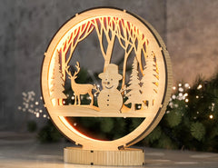 Christmas Snowy Scene Snowman and Deer 3D Led Light Laser Cut Night Lamp Round Modern Bedside Table Lamp Digital Download |#U262|