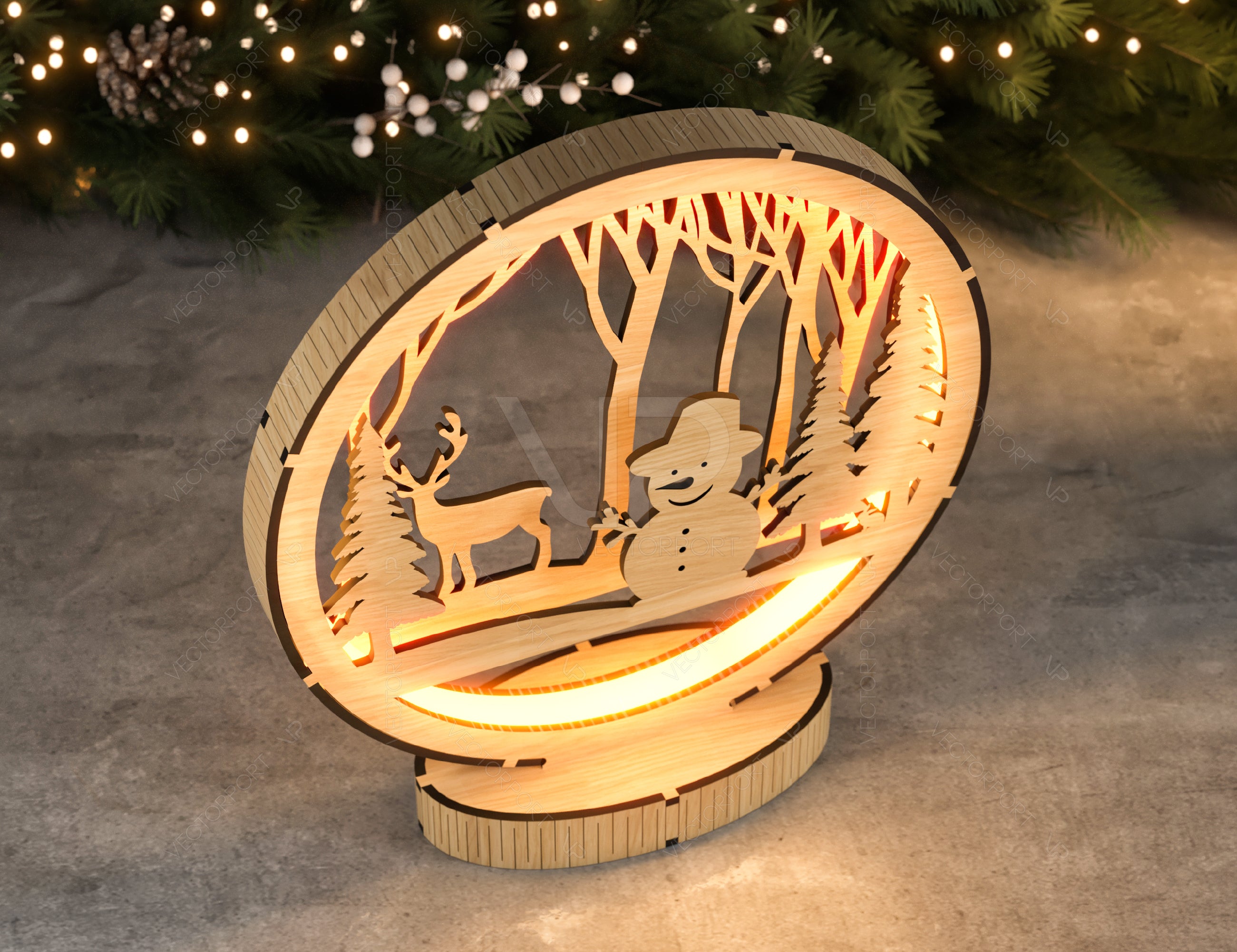 Christmas Snowy Scene Snowman and Deer 3D Led Light Laser Cut Night Lamp Round Modern Bedside Table Lamp Digital Download |#U262|