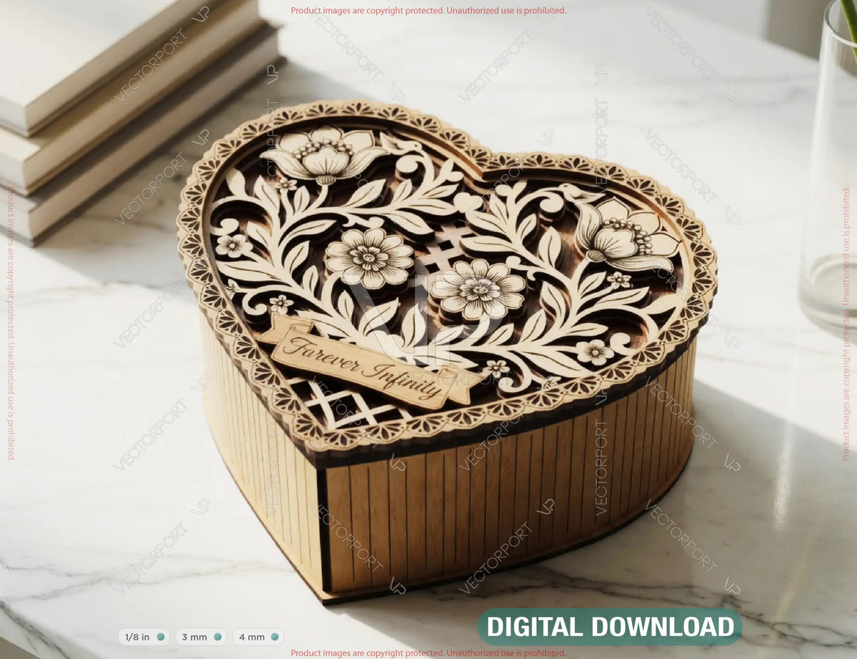Laser Cut Heart Box SVG, Floral Keepsake Box Customizable – Layered Laser Cut Digital Download |#263| VectorPort