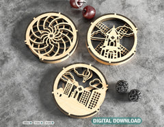 Round Kinetic Coaster Mechanical Laser Cut City Old Mill Scene Turntable Shape Tea Coffee Cup Mat Pad Placemat Tableware Digital Download |#U266|