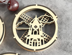 Round Kinetic Coaster Mechanical Laser Cut City Old Mill Scene Turntable Shape Tea Coffee Cup Mat Pad Placemat Tableware Digital Download |#U266|