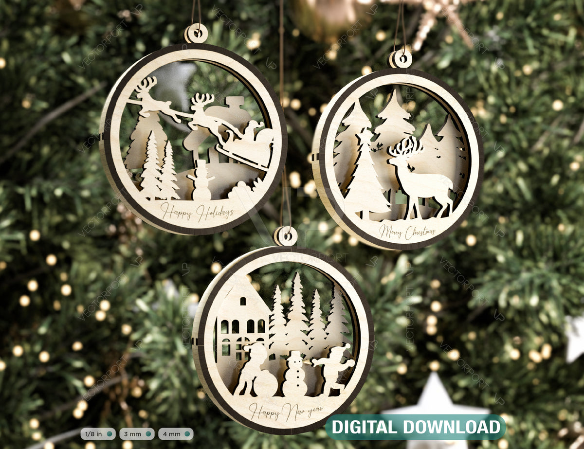 Christmas Balls Tree Decorations Craft Hanging Bauble Snowy Scene Deer carving stencil laser cut Digital Download |#U269|
