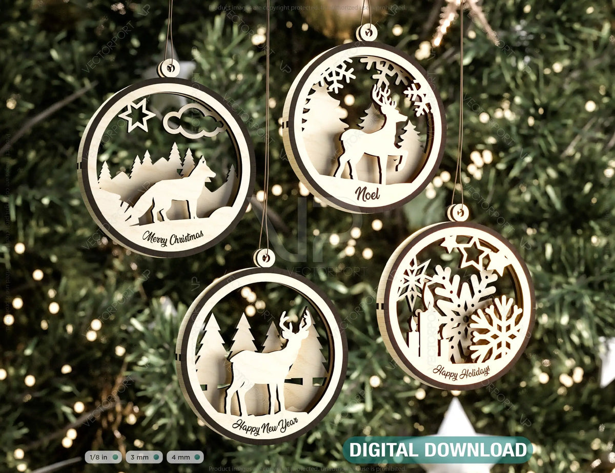 Christmas Balls Tree Decorations Craft Hanging Bauble Snowy Scene Deer carving stencil laser cut Digital Download |#U274|