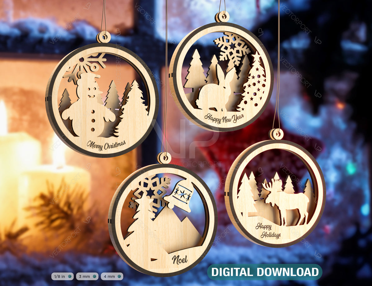 Snowman Christmas Balls Tree Decorations Craft Hanging Bauble Snowy Scene Deer carving stencil laser cut Digital Download |#U276|