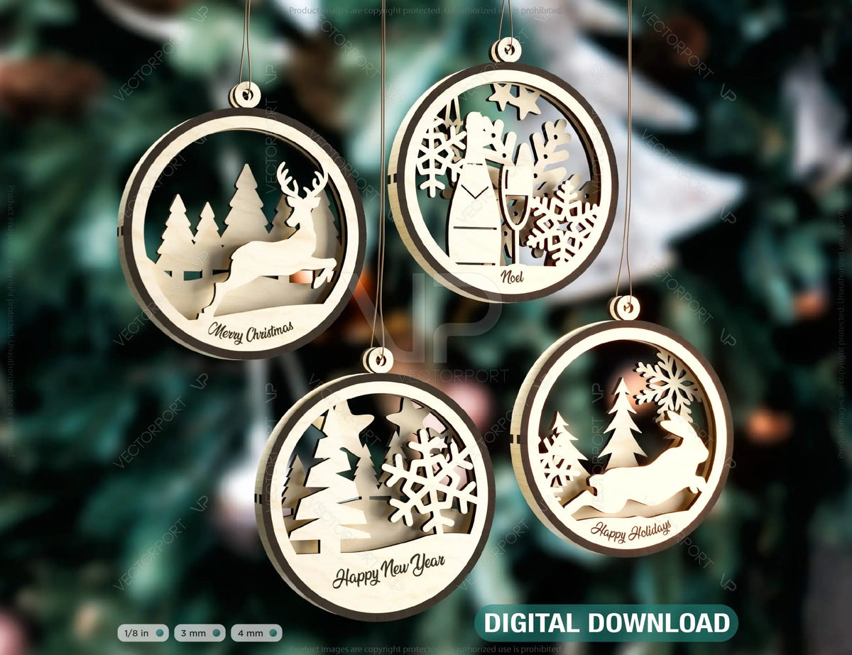 Christmas Balls Tree Decorations Craft Hanging Bauble Snowy Scene Deer carving stencil laser cut Digital Download |#U277|