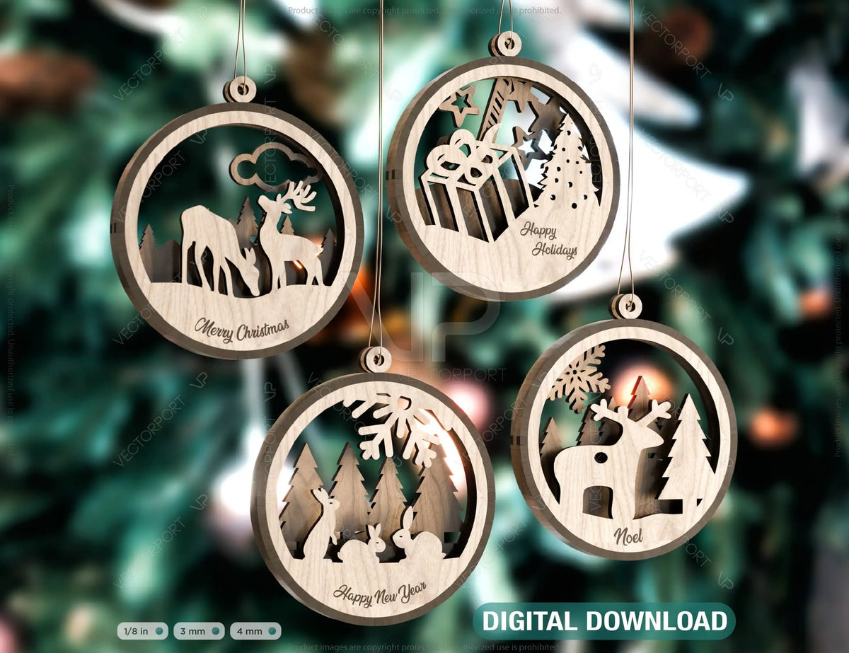 Deer Forest Snowy Scene Christmas Balls Tree Decorations Craft Hanging Bauble Carving stencil laser cut Digital Download |#U279|