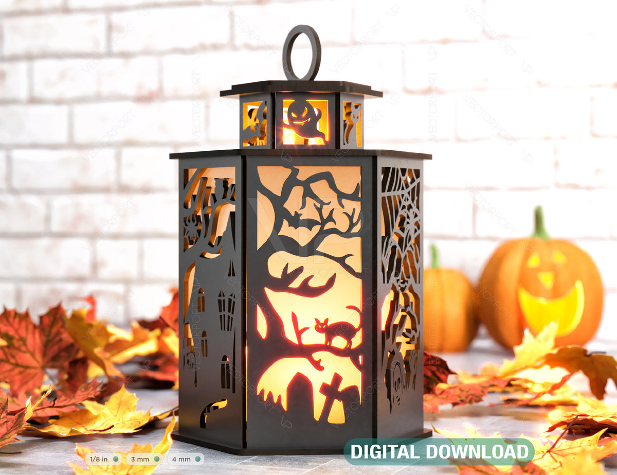 Halloween Candle Tealight Holder Pumpkin Cat Spider Lantern Spooky House Scene Lamp Digital Download SVG |#U283|