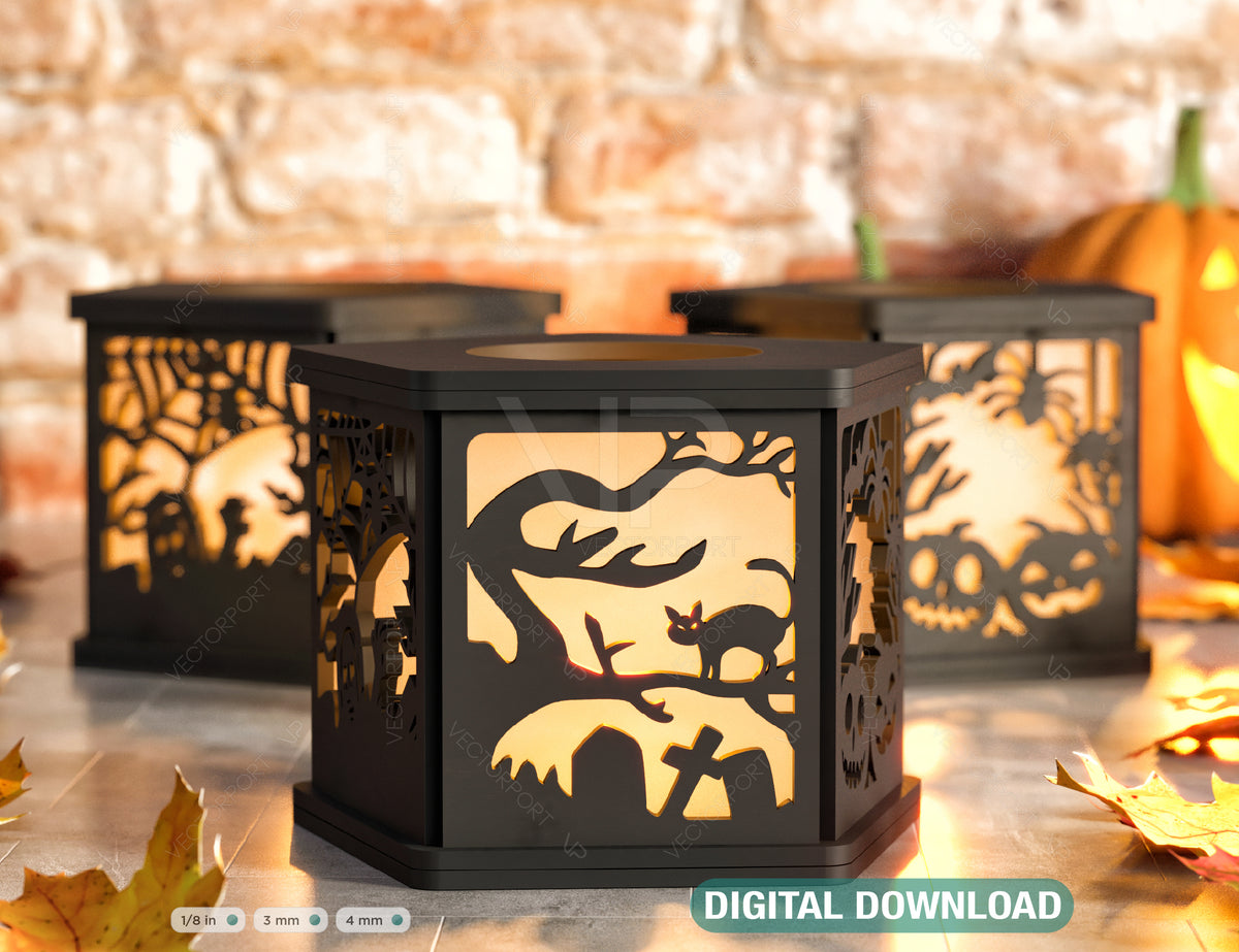 Halloween Candle Tealight Holder Pumpkin Witch Spider Lantern Spooky Scene Lamp Digital Download SVG |#U284|